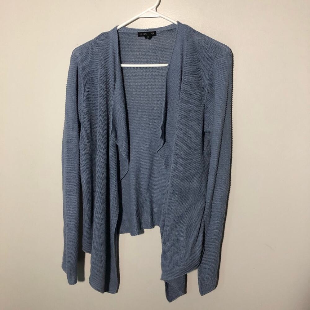 Eileen Fisher open-weave linen cotton blue cardigan draping waterfall front  S